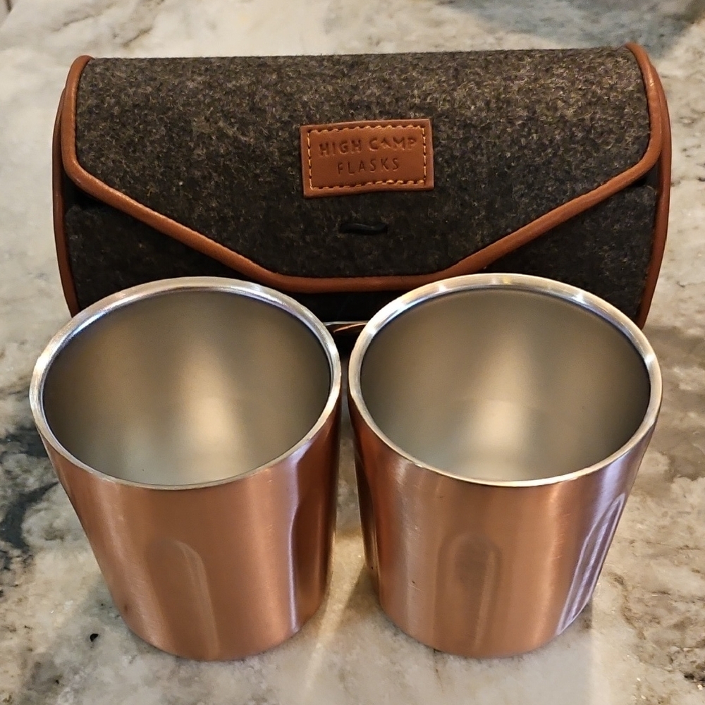 High Camp Flasks Firelight Stainless Steel Whiskey Tumblers Wool Case. NIB